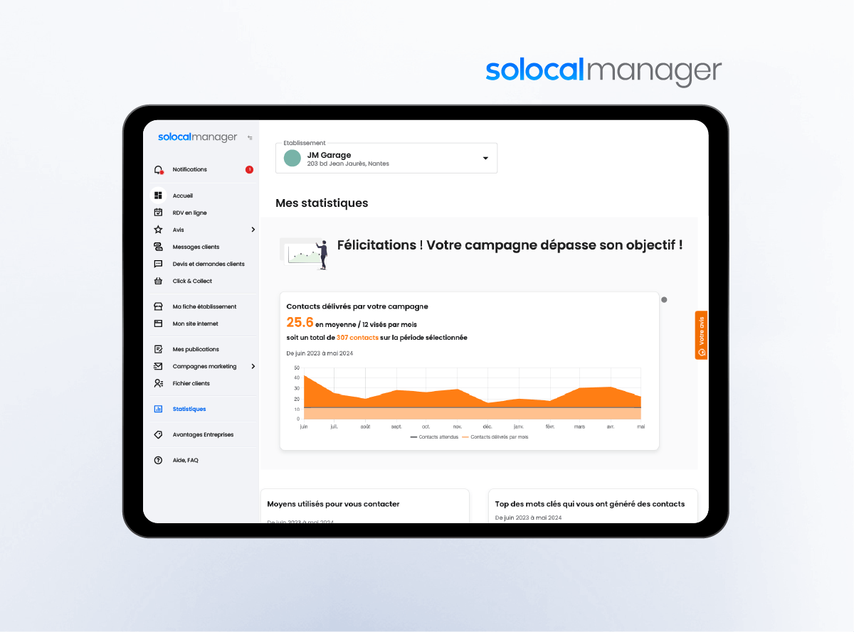 Solocal Manager statistiques Booster Contact