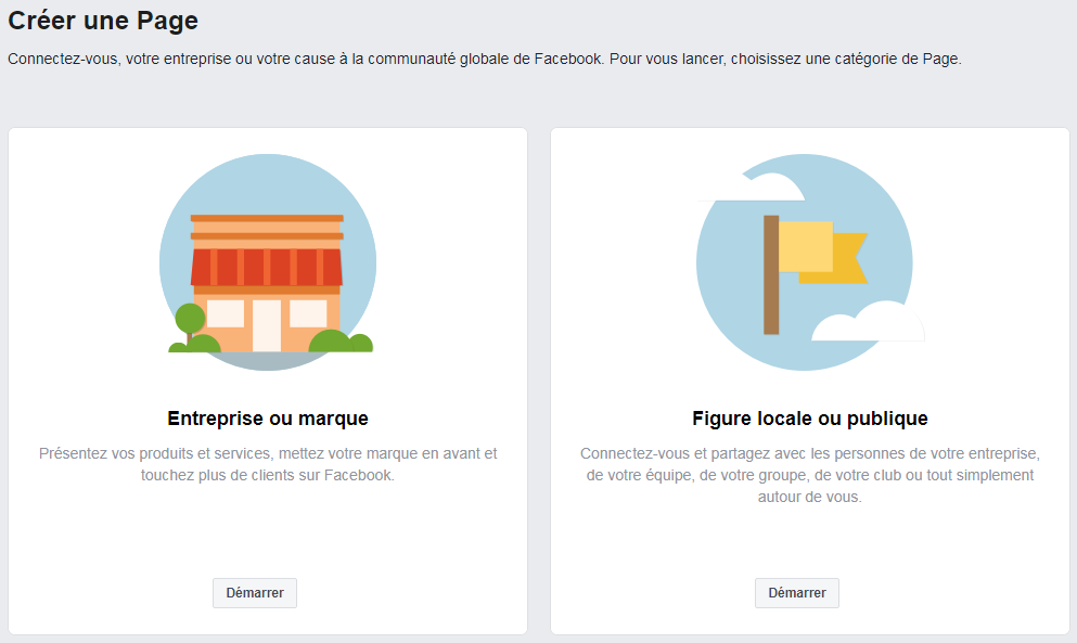 Sélection de la catégorie créer une page Facebook