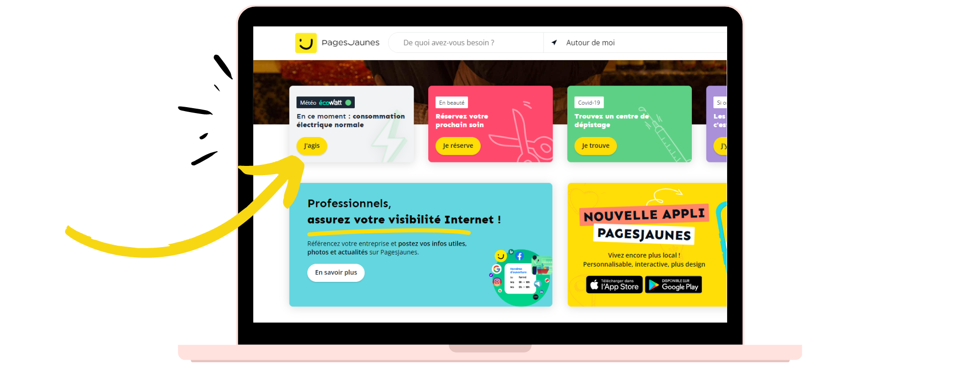 Ecowatt sur la page d'accueil de PagesJaunes